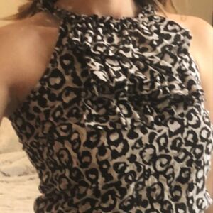 Elena Solano Linen Animal Print Ruffle Halter Top Sleeveless